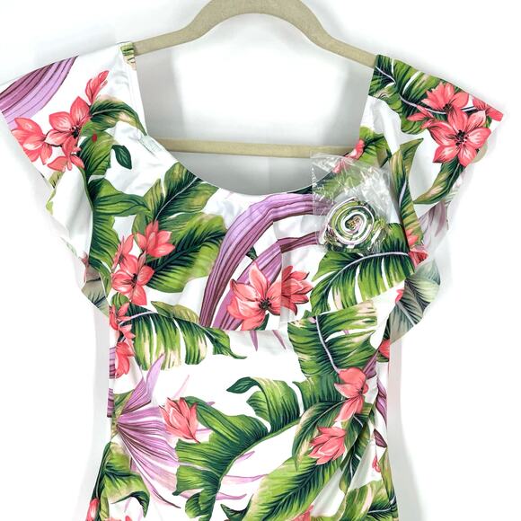NWT Kona Sol One Piece Floral Swimsuit Size Medium 8/10 Off Shoulder Flounce - Picture 3 of 7